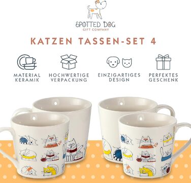 Spotted Dog Gift Company Coffee Mug with Cat Design, Ceramic Mug Set, Cute Coffee Mugs, Cat Kitchen Accessories, Gifts for Cat Lovers, Cat Mom, 4 x 380ml