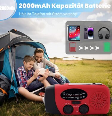 Сонячна радіостанція з ручним заводом 2000mAh, AM/FM/NOAA, USB-зарядка, заряд для телефону, SOS-сигнал, LED-ліхтарик для кемпінгу та походів (Червоний)