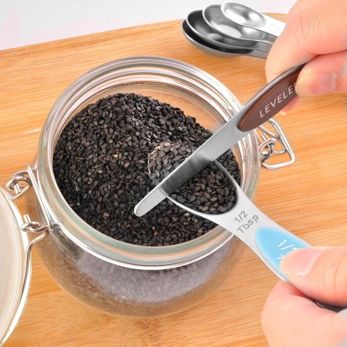 Magnetic measuring cup and spoon set, stainless steel, 5 cups and 7 spoons, with leveler (multicolored)