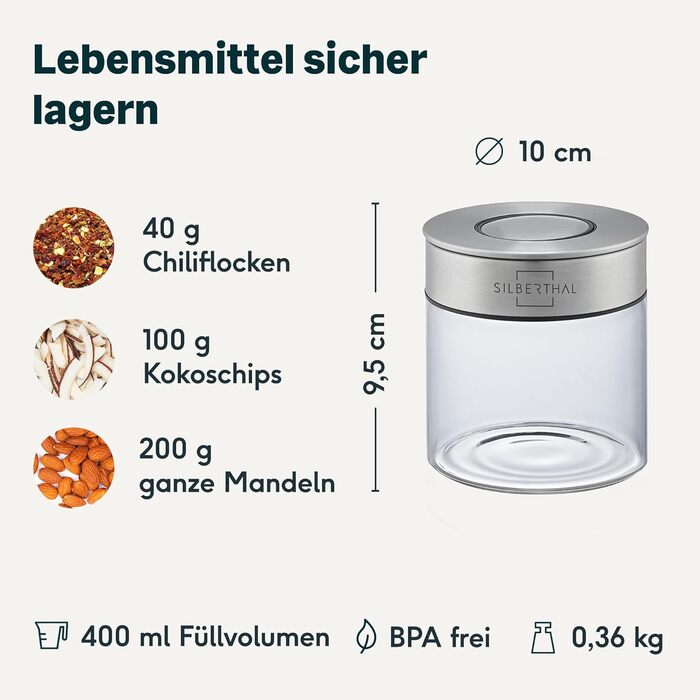 SILBERTHAL Storage Jars Glass with Lid 400 ml - Storage Jars for airtight & leak-proof storage in the kitchen