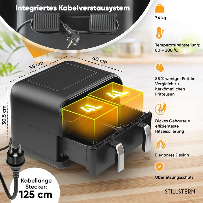 Аерофритюрниця Stillstern Dual Zone 8 л, 2400 Вт, 8 програм, технологія HeatingFlow, чорна, для 1-8 осіб, дегідратор, розморожування, підтримка тепла, Shake-функція, 120 рецептів німецькою