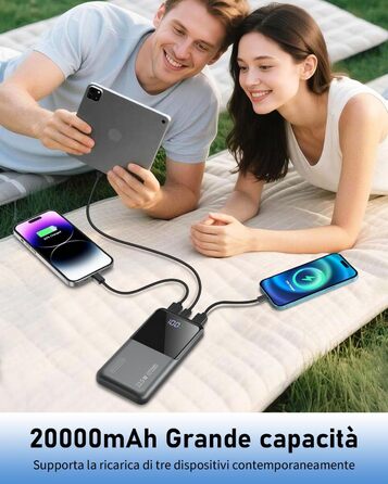 Портативний зарядний акумулятор Power Bank 20000mAh з швидкою зарядкою 22.5W, LCD дисплеєм, 1 USB-C, 2 USB-A, для iPhone 17/16/15/14/13 та смартфонів, чорний