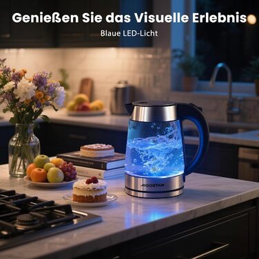 Електричний чайник Aigostar 1.7л, 2200W, LED, без BPA, скло Borosilikat, фільтр від накипу, чорний (Chubby)