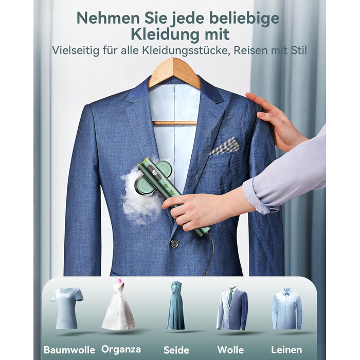 Портативний відпарювач для одягу Steamer 2-в-1 1000W, для глобальних подорожей, зелений