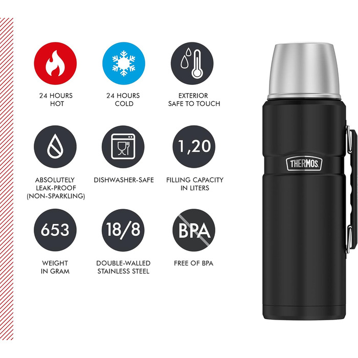 THERMOS STAINLESS KING Thermos flask black matte 1.20L - Stainless steel, absolutely leak-proof, with drinking cup and handle, 12h hot & 24h cold, dishwasher safe, BPA-free