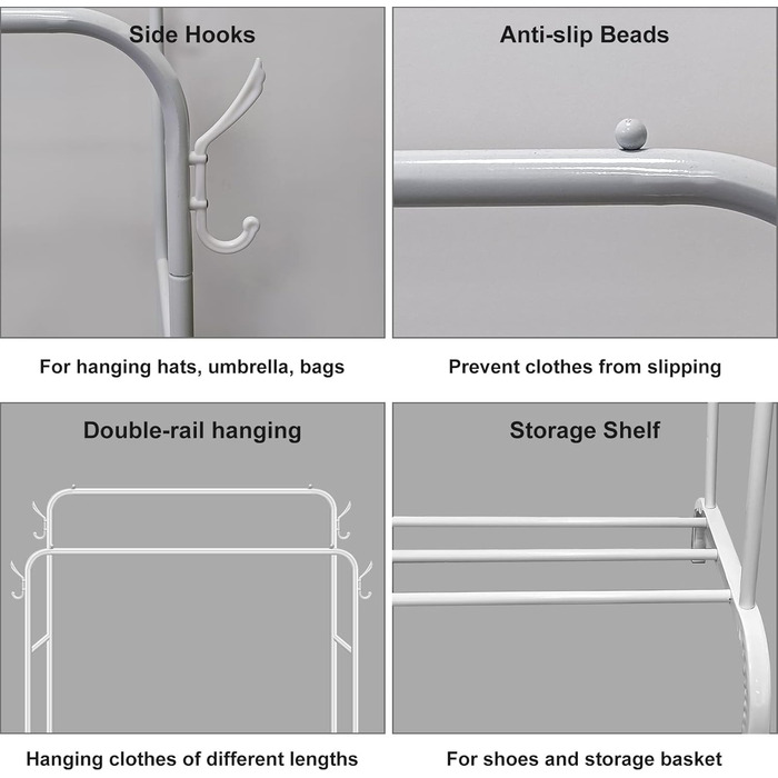 Metal Clothes Rack Clothes Stand Stable, Double Rod Durable with 1 Tier Shelf and 4 Side Hooks, Freestanding Clothes Rack, Multi-Purpose Organizer, Bedroom (Black2)