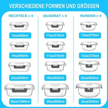 Набір скляних контейнерів для зберігання їжі Borosilikatglas 20 шт. (5x 1040ml + 5x 370ml) - для мікрохвильової печі, приготування їжі та духовки, з герметичним закриттям