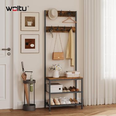 WOLTU Coat Rack Clothes Rail Laundry Rack Shoe Rack with Seat, with 7 Hooks, Made of Wood and Steel, Hanging Shelf, Black Vintage (Black + Rustic Brown)