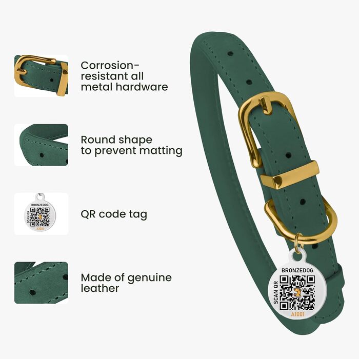 Нашийник для собак BRONZEDOG з QR-ID, шкіряний, регульований, м'який, круглий, для собак маленьких, середніх та великих порід, цуценят та котів (Смарагдовий, 40-48 см)