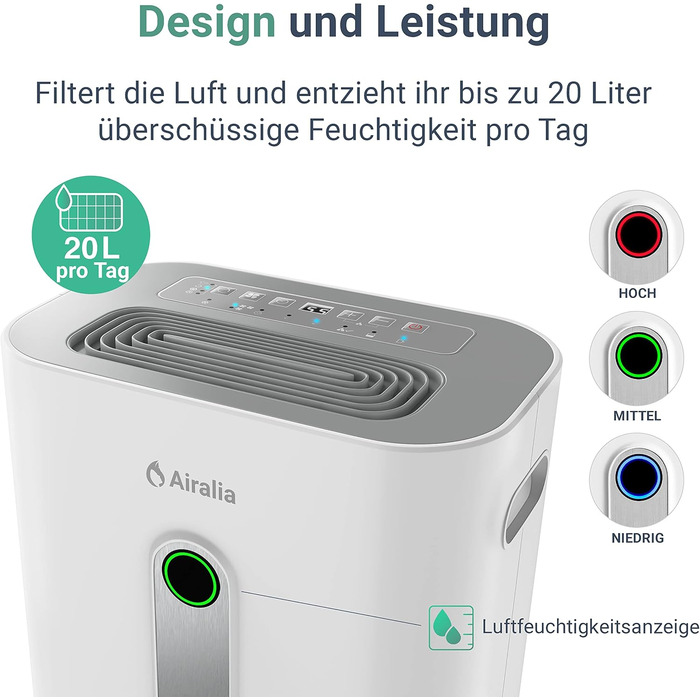 Електричний осушувач повітря AIR-DH20, 20 л/день, з підключенням до каналізації, об'єм бака 6,5 л, продуктивність 195 м³/год, для приміщень до 40 м²