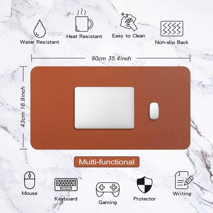 Підкладка на стіл велика 90x43 см Braun з PU шкіри, килимок для миші, клавіатури та ноутбука, водонепроникний, антиковзкий