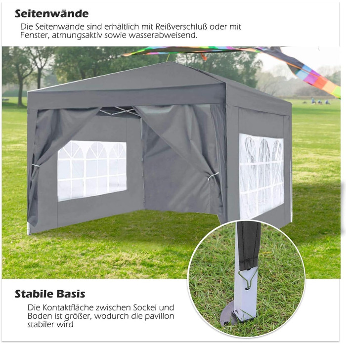 ISE 3x3 Pavilion with Side Walls, Folding Pavilion Stable incl. Carrying Bag, Folding Pavilion 3x3m UV Protection 50+, Adjustable Party Tent for Garden, Grey