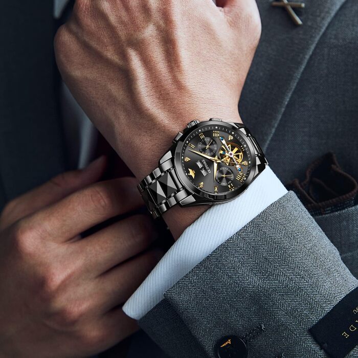 Чоловічий годинник OLEVS Automatik Skeleton Mechanical з автопідзаводом, люкс, з діамантами, сапфіровим склом, вологостійкий, браслет з вольфрамової сталі (3186 Чорний)
