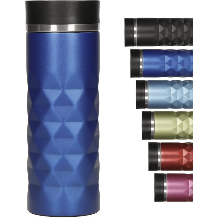 Термокружка Diamond з нержавіючої сталі 450 мл, з кнопкою, витримує гарячі та холодні напої, без BPA, вишуканий блиск (Ультрамарин)