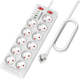 Многофункціональна мережева планка з USB, 11 розеток, вимикач, 2 USB-A та 2 USB-C порти, 4000W, 16A, 2 вимикачі, 2м кабель - білий