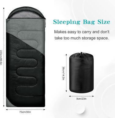 Yarmiene 3-4 Season Sleeping Bag - Adult & Kids Outdoor Sleeping Bag - Warm & Rectangular for Camping & Hiking (Black+Gray)