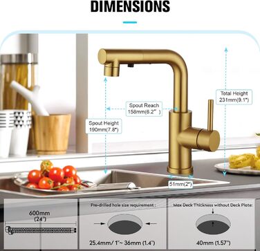Кран кухонний CREA з 3 функціями: душ, висувний вилив, поворот на 360°, матовий золотий