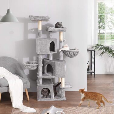 Драбина для котів Feandrea з 3 будиночками, 164 см, сірий колір (164H x 55W x 40D см)