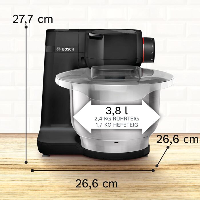 Bosch Kitchen Machine Series 2 MUMS2EB01, Stainless Steel Bowl 3.8 L, Planetary Mixer, Dough Hook, Beaters and Whisk (Stainless Steel), Food Processor Attachment, 3 Discs, 700 W, black