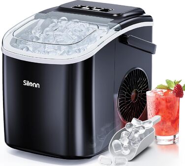 Машина для приготування льоду Silonn, компактна модель з ручкою, 9 кубиків за 6 хвилин, 12 кг льоду за 24 години, самоочищення, 2 розміри льоду, для кухні, офісу та вечірок, чорна (Dark, 1.2 л)