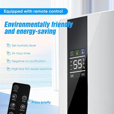 Електричний осушувач повітря 2-в-1 з очищувачем, тихий для дому, LED-дисплей, інтелектуальне керування вологістю, таймер 24 год, пульт ДУ