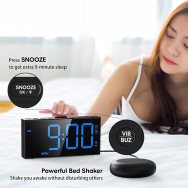 Loud Vibration Alarm Clock for Deep Sleepers, Dual Alarm with Weekend Mode, Large Digital Display, Dimmer, Battery Backup, USB Charger, Vibration Alarm Clock for Deaf/Hard of Hearing Digital Clock