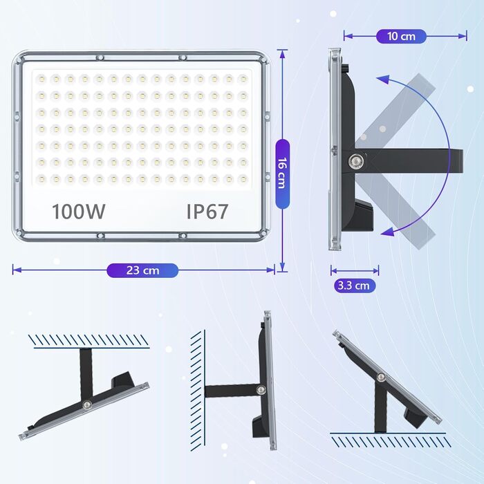 LED Floodlight Outdoor 100W, Floodlight Outdoor 10000LM, Waterproof Outdoor Spotlight IP67, 6500K Cold White Super Bright LED Spotlight for Warehouse, Garden, Garage, Yard, Factory, Parking Lot
