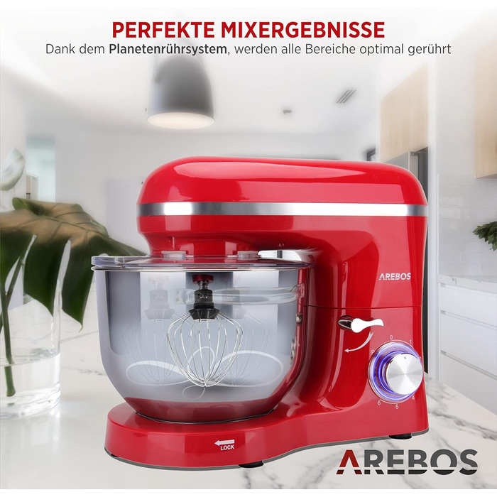 Arebos Kitchen Machine 1500W with 6L Stainless Steel Mixing Bowl | White-Rose Gold | Includes Dough Hook, Beater, Whisk | Splash Guard | 6 Speeds | Stand Mixer | Dough Machine