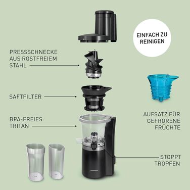 Panasonic Slow Juicer MJ-L700KXE, electric fruit press, juicing whole fruits and vegetables, 75mm opening, sleek design, safe and practical, Black, Matte Black Single