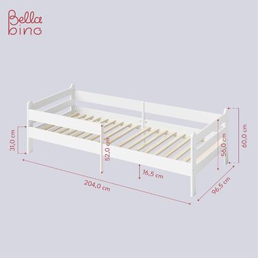Bellabino Kinderbett Kuru 90x200, Single bed for children incl. fall guard and slatted frame, white children's bed, bed for boys and girls without drawers White