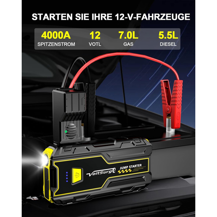Powerbank Starthilfe 4000A: Зарядний пристрій для автомобіля 12V, Jump Starter, компактний та портативний