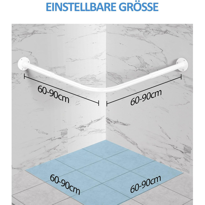 Регульована штанга для душу L-подібної форми, 60-134 см, з кріпленням для завіси та підставкою для стелі, для ванни/ванної кімнати, білий, монтаж вимагає свердління