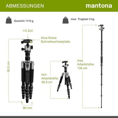 Штатив Mantona Light Traveller 131.5 см: легкий фотоштатив з кульковою головкою та Arca-Swiss