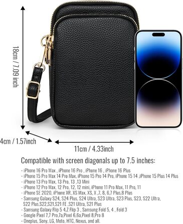 Сумка жіноча Mini Tasche на плече для телефону: кросбоді, гаманець, для iPhone 16 Pro Max/Samsung/Xiaomi до 7.5' - чорна