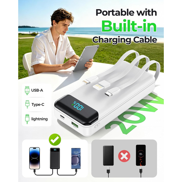 Power Bank Enerwow 27000mAh з USB-C кабелем, 4 виходи/3 входи, LED-дисплей, білий (P300C) - Зовнішній акумулятор для iPhone та інших пристроїв