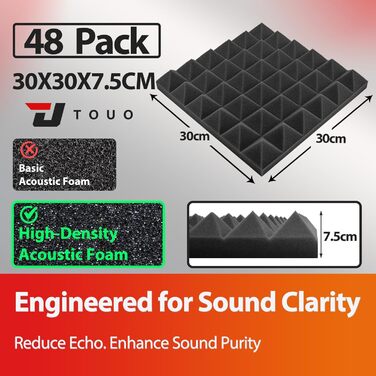 Акустичні пірамідні панелі для звукоізоляції стін та стелі, вогнестійкий шумопоглинаючий поролон для студії, 30 x 30 x 5 см, чорний, 6 шт