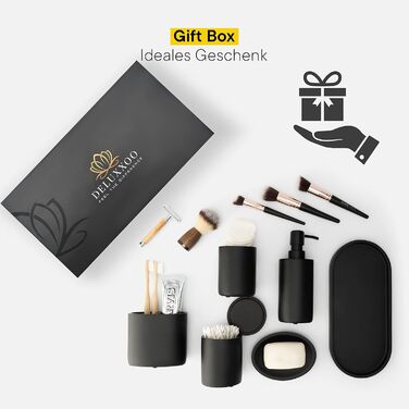 DELUXXOO® Набір аксесуарів для ванної кімнати 6 шт. чорний матовий: органайзер, диспенсер для мила, мильниця, стакан для зубної щітки, піднос, ящик для зберігання