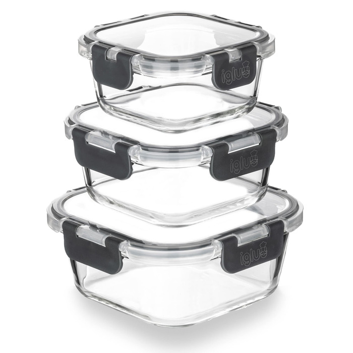 Контейнери для харчування Igluu, скляні, 3 шт. (400/650/950 мл) - BPA-free, мікрохвильова піч, духовка, морозилка, посудомийна машина, герметичні, жаростійке боросилікатне скло