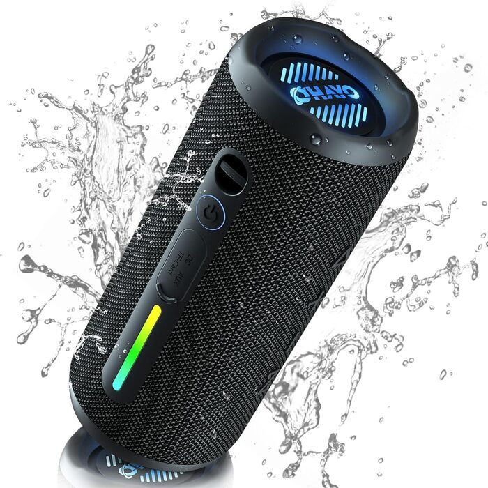 Портативна Bluetooth колонка OHAYO 24W з RGB підсвіткою, Bass Boost, 30 годин роботи, IPX7, підтримкою дзвінків та водонепроникністю для відпочинку на природі, вечірок, пляжу, саду (чорна)