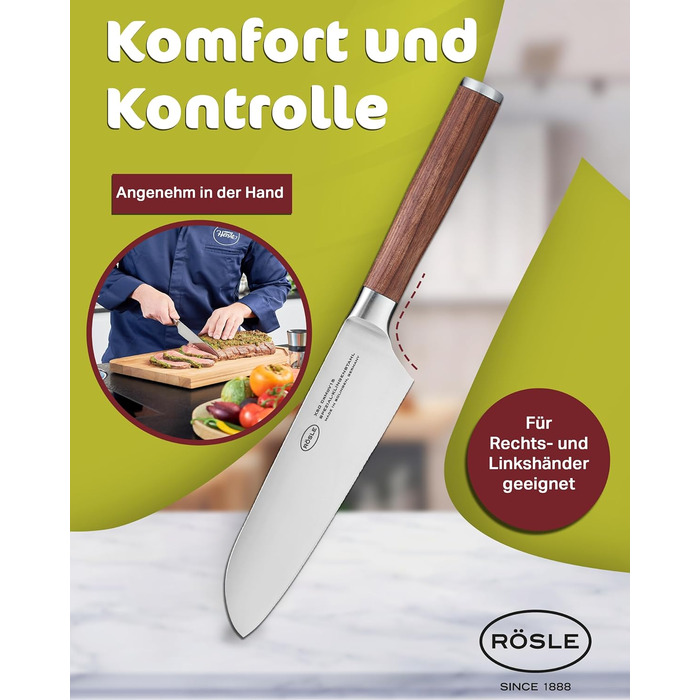 Кухонний ніж Santoku RÖSLE Masterclass 17 см, сталь, дерев'яна ручка, для м'яса, риби та овочів