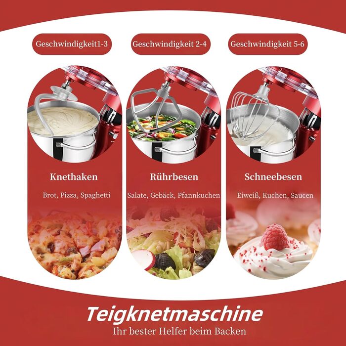 Кухонна машина Küchenmaschine 6.2 л, 1400 Вт, 6 швидкостей з набором насадок (міксер, гак для тіста, вінчик)