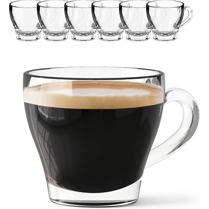 Sahm Cappuccino Glasses with Handles Set (6 PCS) - 180ml Cappuccino Cups Set - Dishwasher Safe - Ideal Teacups with Handles
