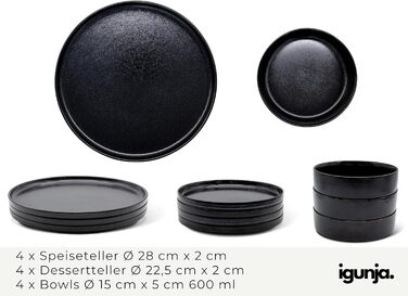 Igunja Stoneware Dinnerware Set - 12 Piece Set for 4 People | Reactive Glaze | Matte Black Dinner Set (Handmade, Premium Quality)