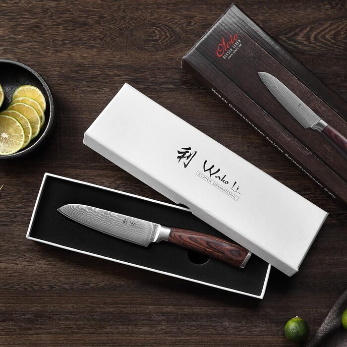 Професійний кухонний ніж Santoku Wakoli Edib Damast 12 см з 67-шарової дамаської сталі VG10, рукоятка з пакка-дерева, у подарунковій коробці