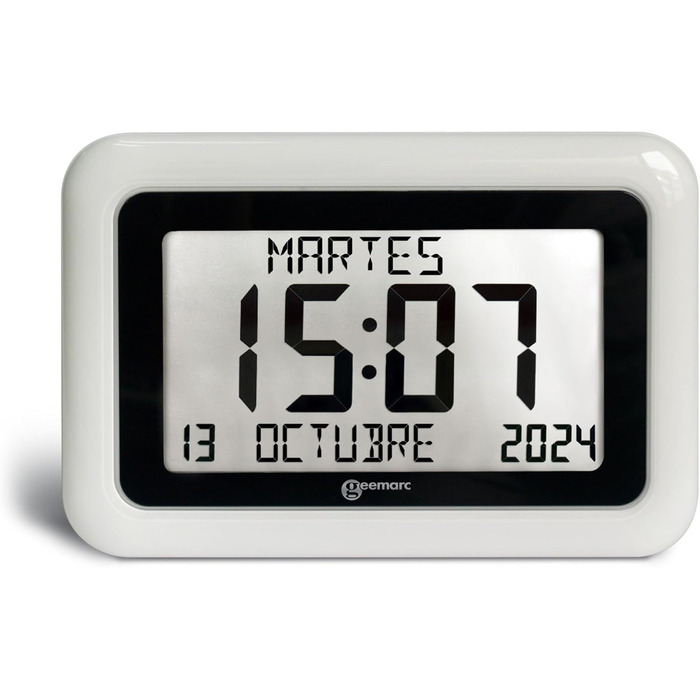 Calendar Clock - Geemarc Viso10 with automatic time setting and large letters - For people living with Alzheimer's - Battery operated - No backlight - Version DE - White
