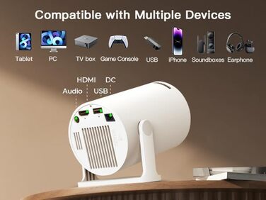 Портативний проєктор LYNCAST з Wi-Fi, Bluetooth та Android 11, 1080P/4K, поворотний на 180°, для дому та на відкритому повітрі (OptiBarrel 005 White)