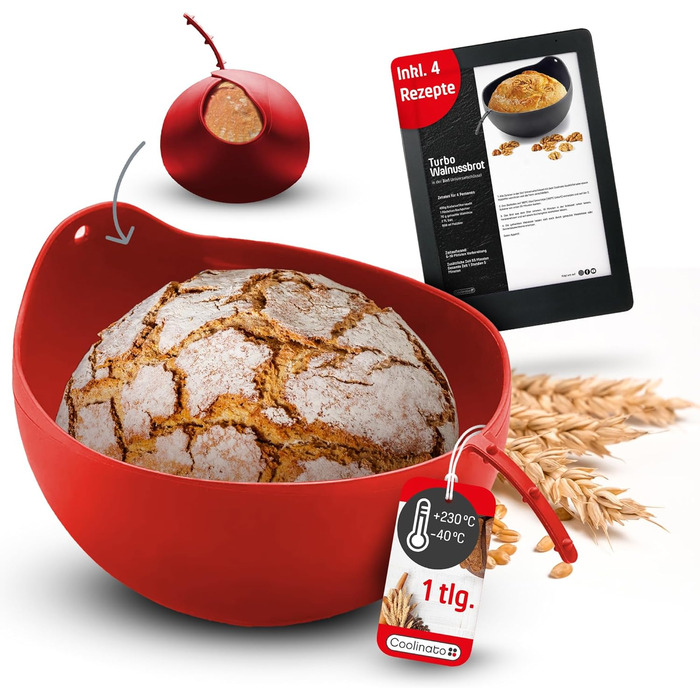Coolinato – 3-in-1 Universal Bowl Silicone Mold 24 cm – Dough Bowl, Proofing Basket, and Bread Baking Mold all in one - BPA-Free & Oven-Safe up to 230°C – Platinum Silicone - Ideal for Mixing & Baking Bread - Red
