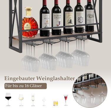 Стеллаж для вина COSTWAY на 3 яруси з дерева та металу, з тримачами для 4 рядів келихів, індустріальний дизайн, для дому, бару, кухні, ресторану