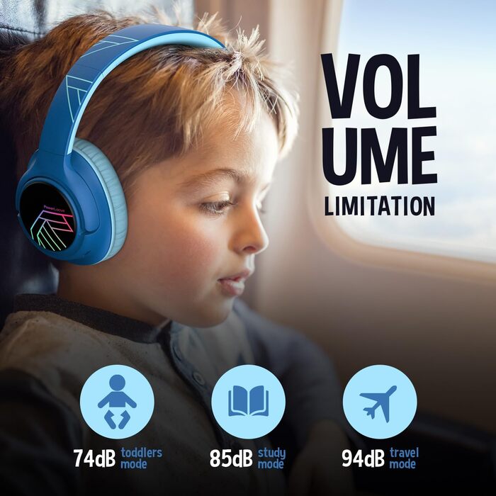 Дитячі навушники PowerLocus Bobo Bluetooth з обмеженням гучності, LED-підсвічуванням, складні, з мікрофоном для телефону/планшета/подорожей (блакитний/чорний)