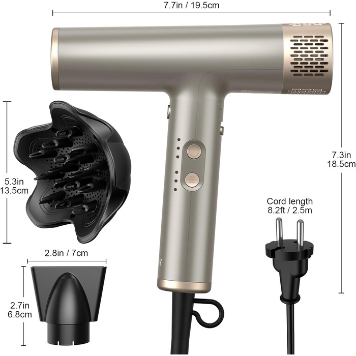 Професійний фен YAPOY з дифузором: швидке сушіння, 200 млн іонів, 110 000 об/хв, захист від пошкодження теплом, інтелектуальний термоконтроль, сріблястий
